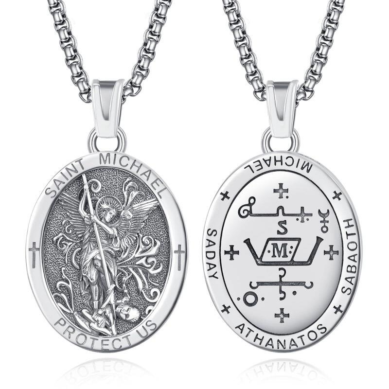 Collier pendentif ovale en argent sterling avec amulette de Saint-Michel pour homme-5