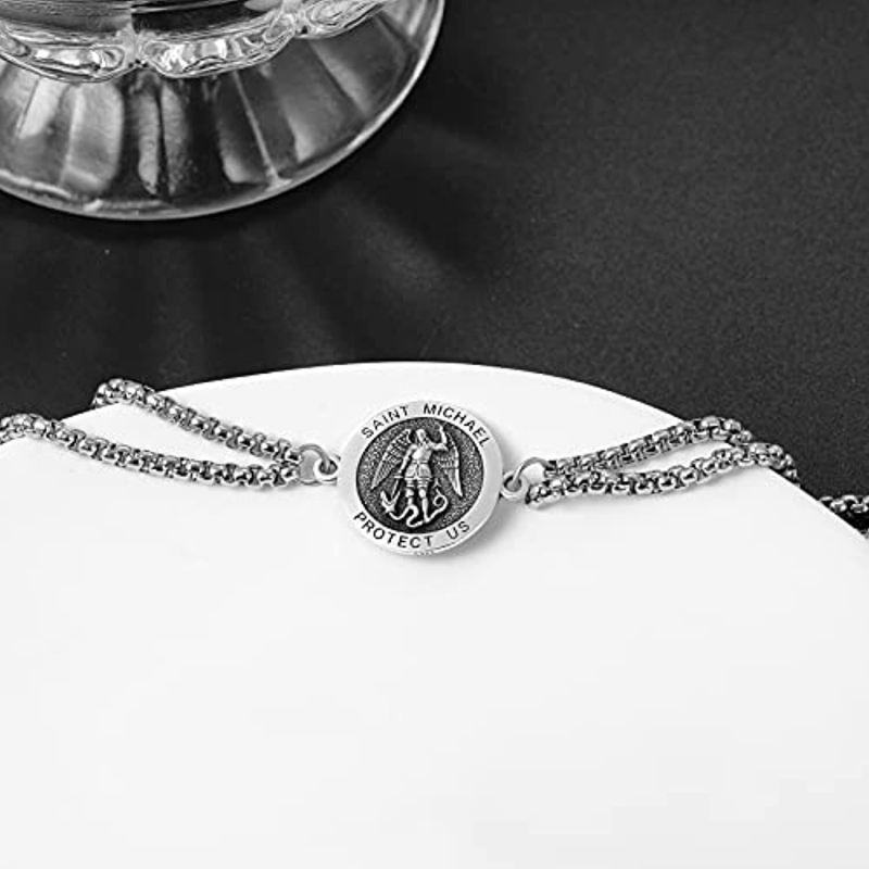 Pulsera con colgante de moneda de San Miguel de plata de ley con palabra grabada para hombre-3
