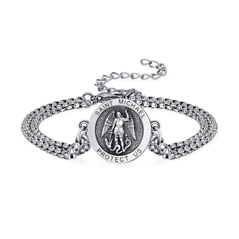 Pulsera con colgante de moneda de San Miguel de plata de ley con palabra grabada para hombre-1