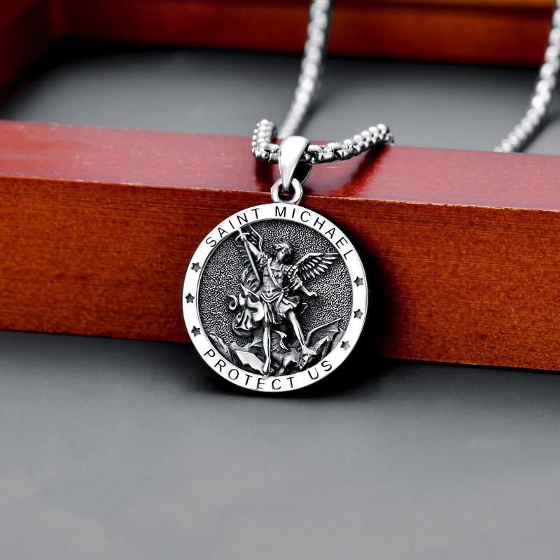 Sterling Silver Saint Michael Pendant Necklace With Engraved Word For Men-3