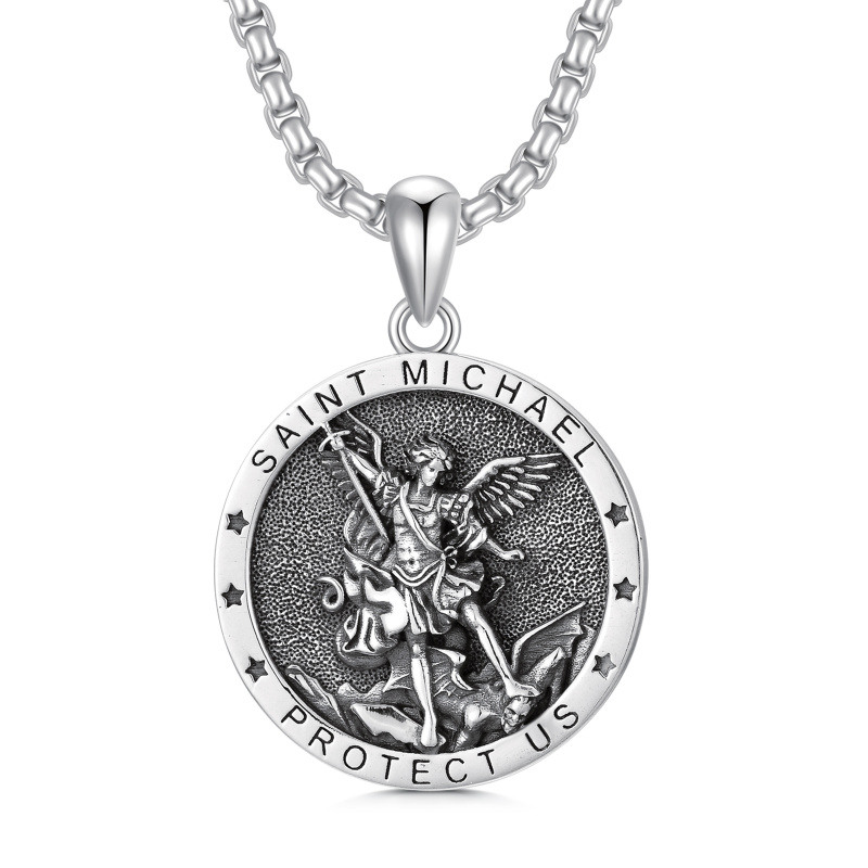 Sterling Silver Saint Michael Pendant Necklace With Engraved Word For Men-1