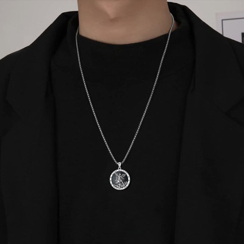 Sterling Silver Saint Michael Pendant Necklace with Engraved Word for Men-2