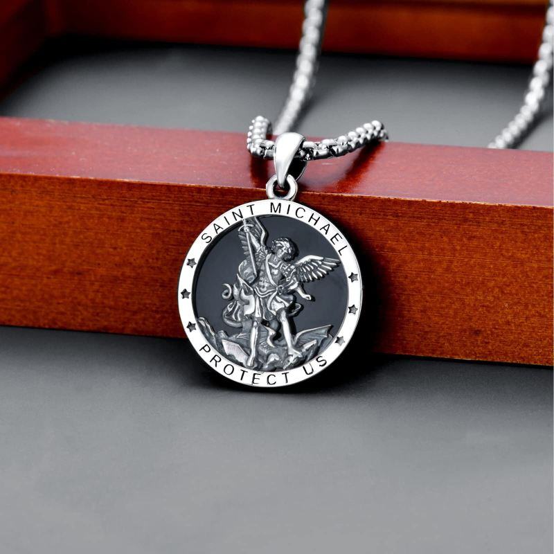 Sterling Silver Saint Michael Pendant Necklace with Engraved Word for Men-3
