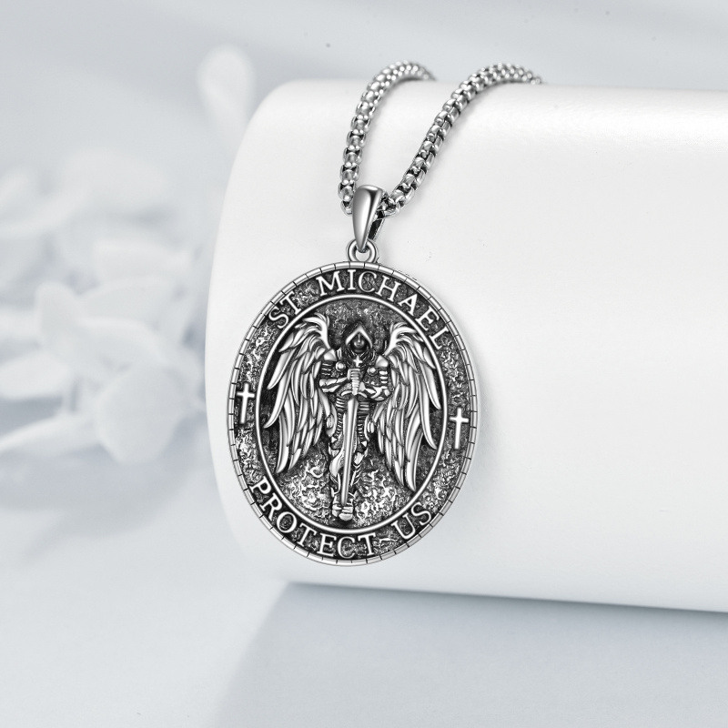 Collier en argent sterling à pendentifs religieux Saint Michel avec mot gravé pour hommes-3