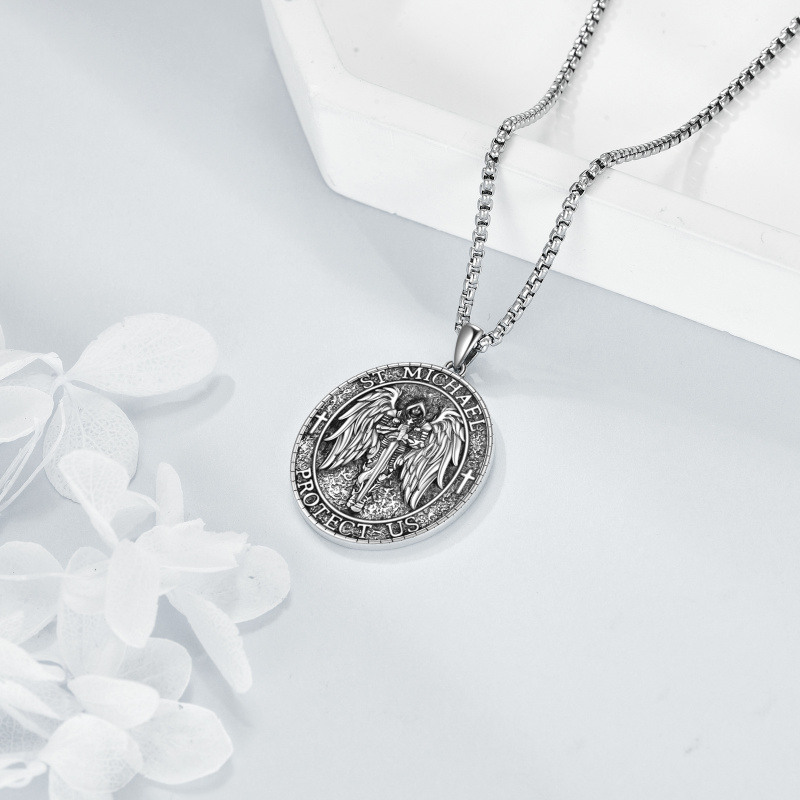 Collier en argent sterling à pendentifs religieux Saint Michel avec mot gravé pour hommes-4