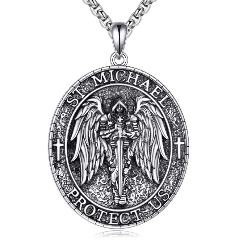 Collier en argent sterling à pendentifs religieux Saint Michel avec mot gravé pour hommes-5