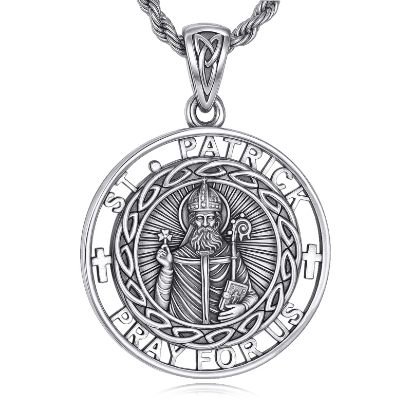 Sterling Silver Saint Patrick Pendant Necklace for Men-5
