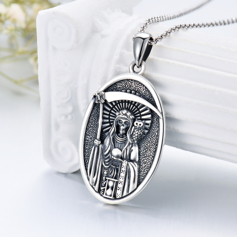 Prata esterlina Santa Muerte Perdoname e colar de pingente de coruja para homens-3