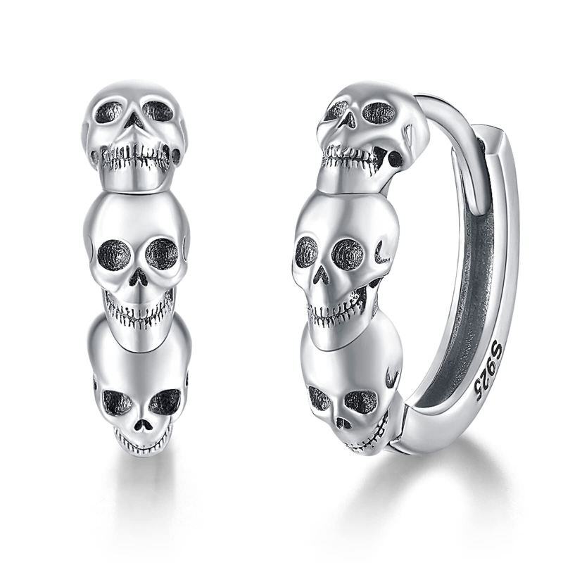 Sterling Silver Skull Hoop Earrings-8
