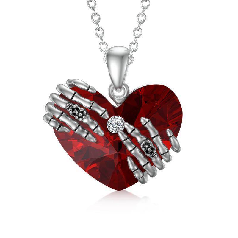 Sterling Silver Skull With Ruby Heart Crystal Pendant Necklace For Women-12