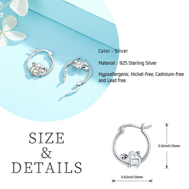 Pendientes de aro de plata de ley Sloth-6