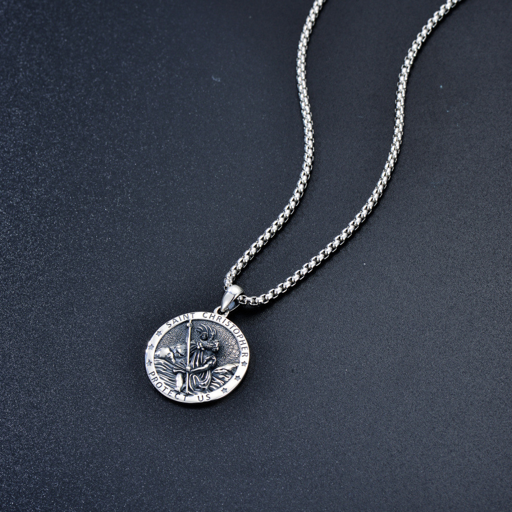 Sterling Silver St. Christopher Round Pendant Necklace with Engraved ...