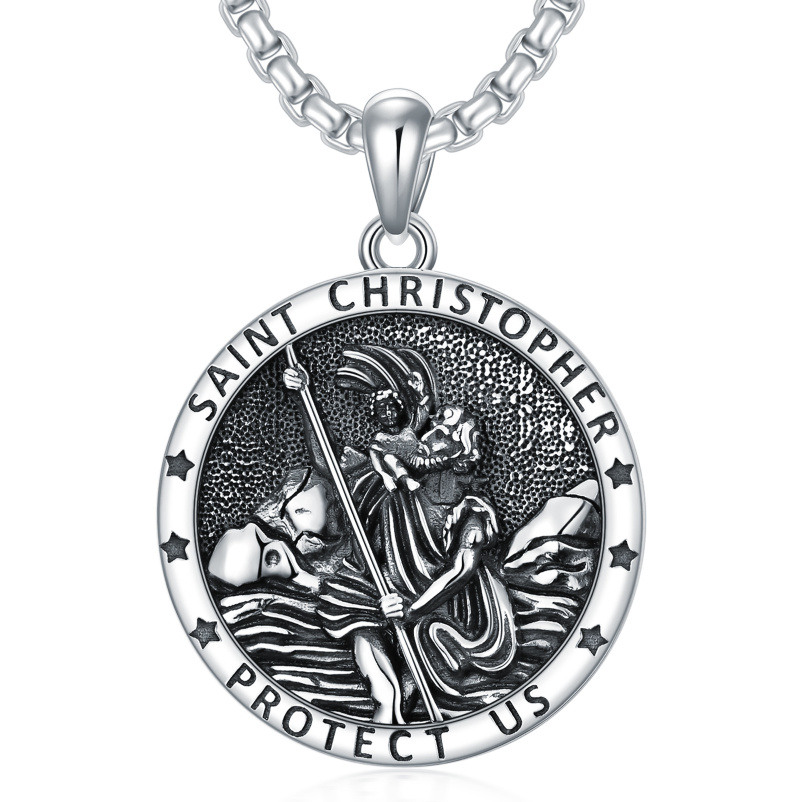 Sterling Silver St. Christopher Round Pendant Necklace with Engraved Word for Men-8