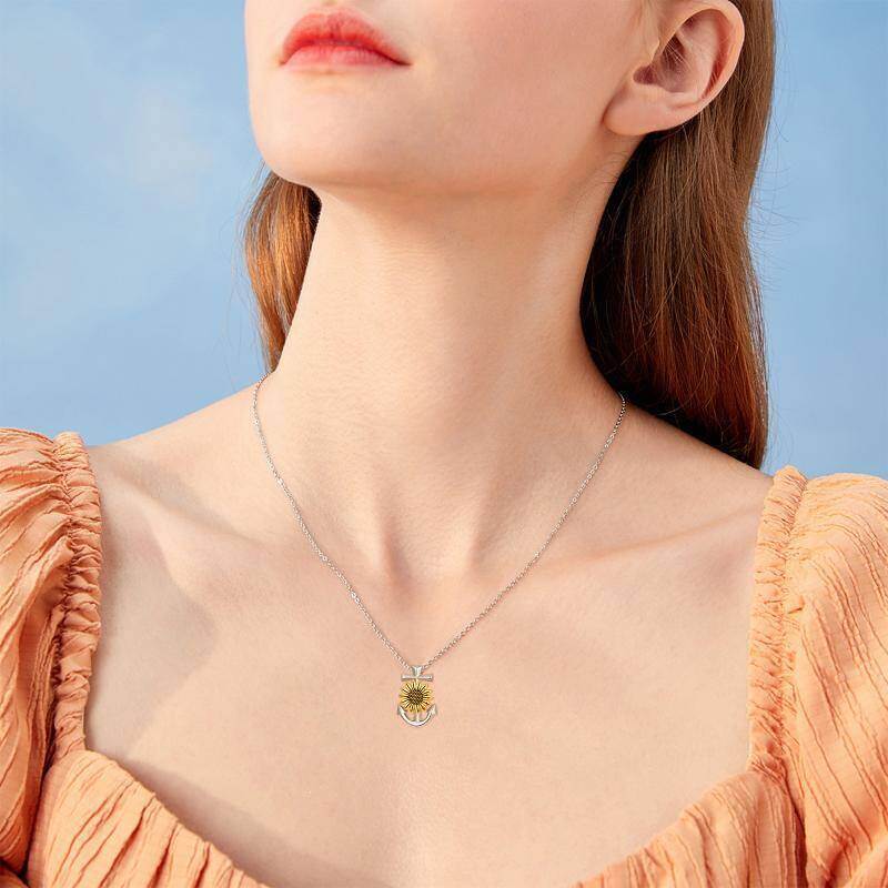 Collar de plata de ley con ancla y girasol-2