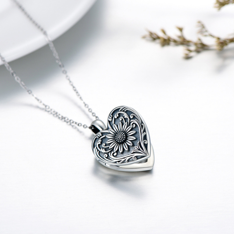Sterling Silver Sunflower Heart Personalized Engraving Photo Locket Necklace-3