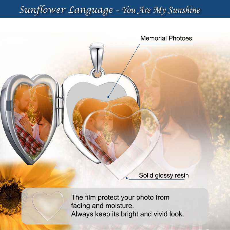 Sterling Silver Sunflower Heart Personalized Engraving Photo Locket Necklace-5