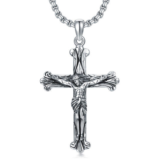 Collar de plata de ley con textura de cruz con colgante de Jesús para hombre