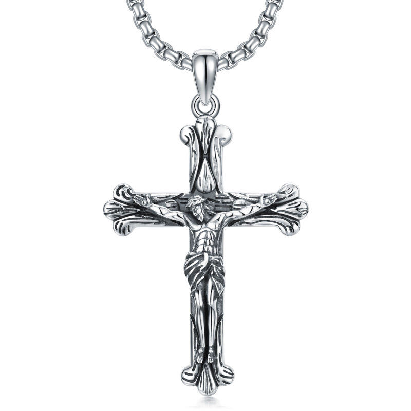 Sterling Silver Textured Cross with Jesus Pendant Necklace for Men-1