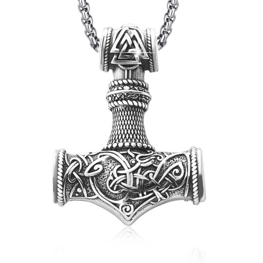 Sterling Silver Thor's Hammer Pendant Necklace with Rope Chain for Men