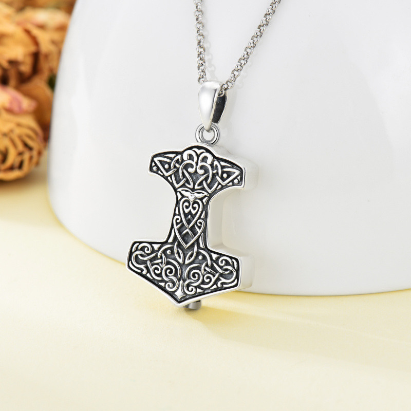 Collar de urna con martillo de Thor de plata de ley para cenizas-4