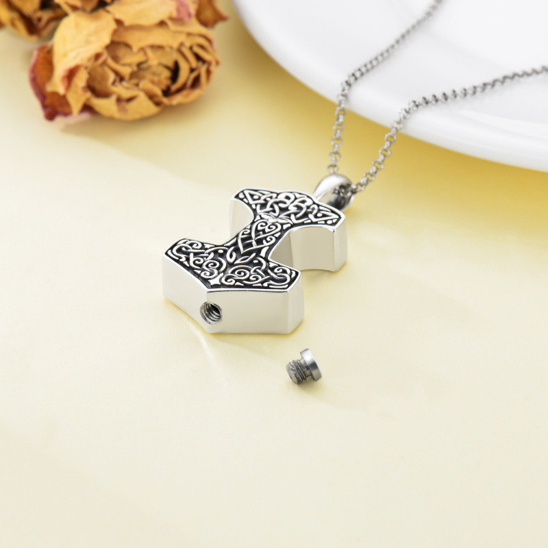 Collar de urna con martillo de Thor de plata de ley para cenizas-5