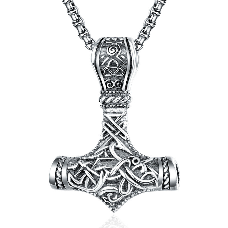Sterling Silver Thor's Hammer & Viking Rune Pendant Necklace for Men-7