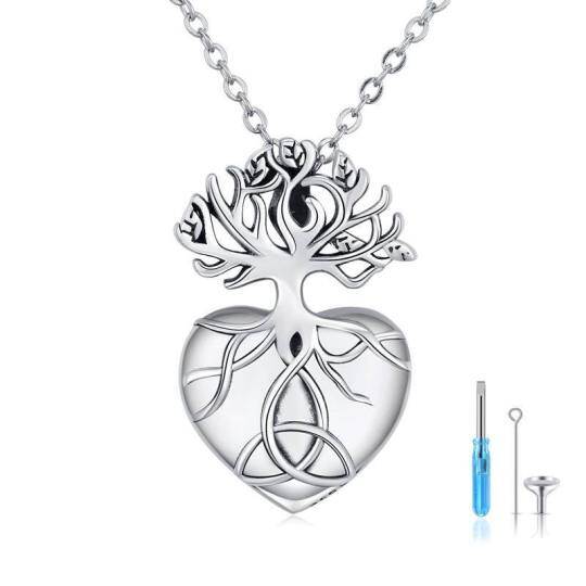 Collar de urna con forma de corazón y nudo celta del árbol de la vida de plata de ley para cenizas