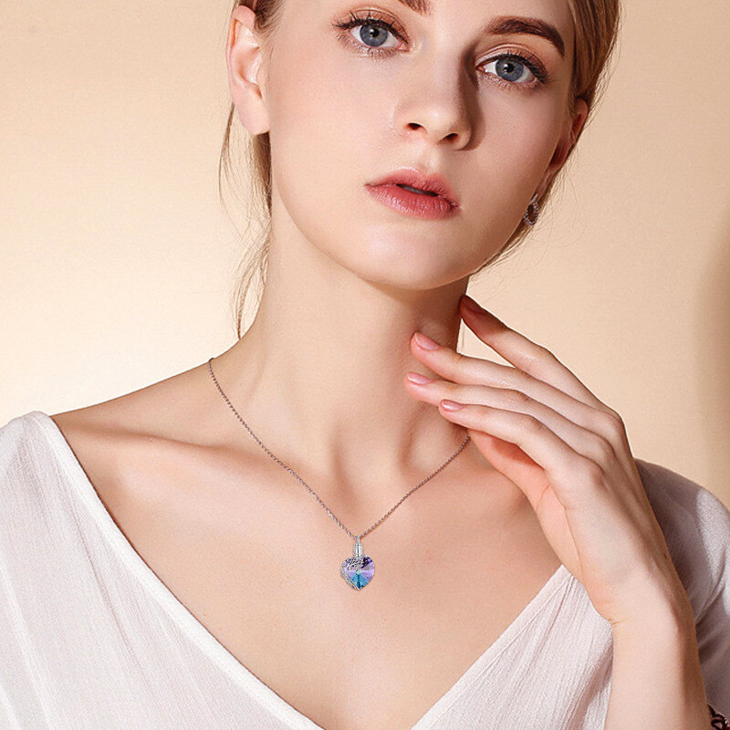 Collar de urna de cremación de plata de ley con forma de corazón de cristal y árbol de la vida para cenizas.-3