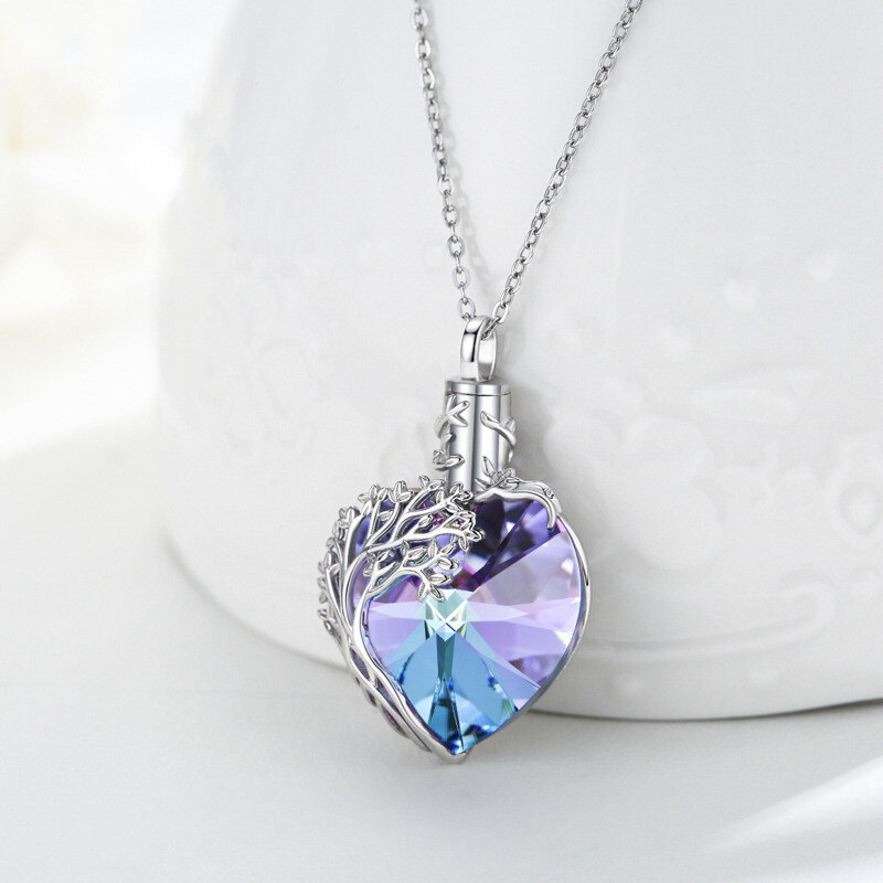 Collar de urna de cremación de plata de ley con forma de corazón de cristal y árbol de la vida para cenizas.-4