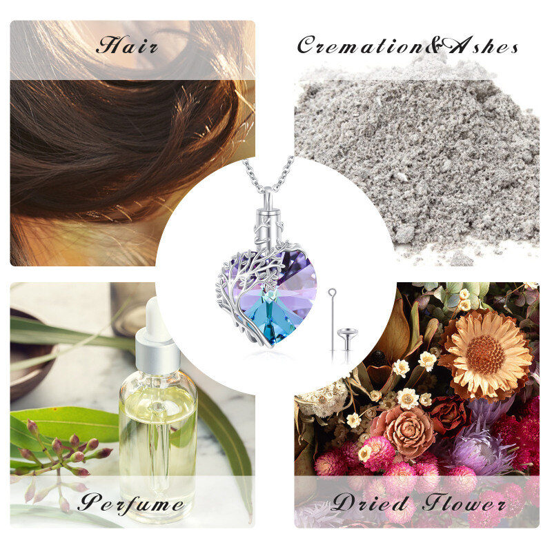 Collar de urna de cremación de plata de ley con forma de corazón de cristal y árbol de la vida para cenizas.-5