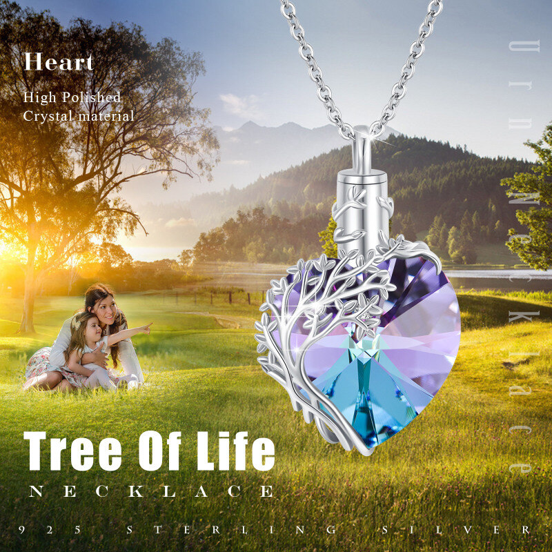 Collar de urna de cremación de plata de ley con forma de corazón de cristal y árbol de la vida para cenizas.-6