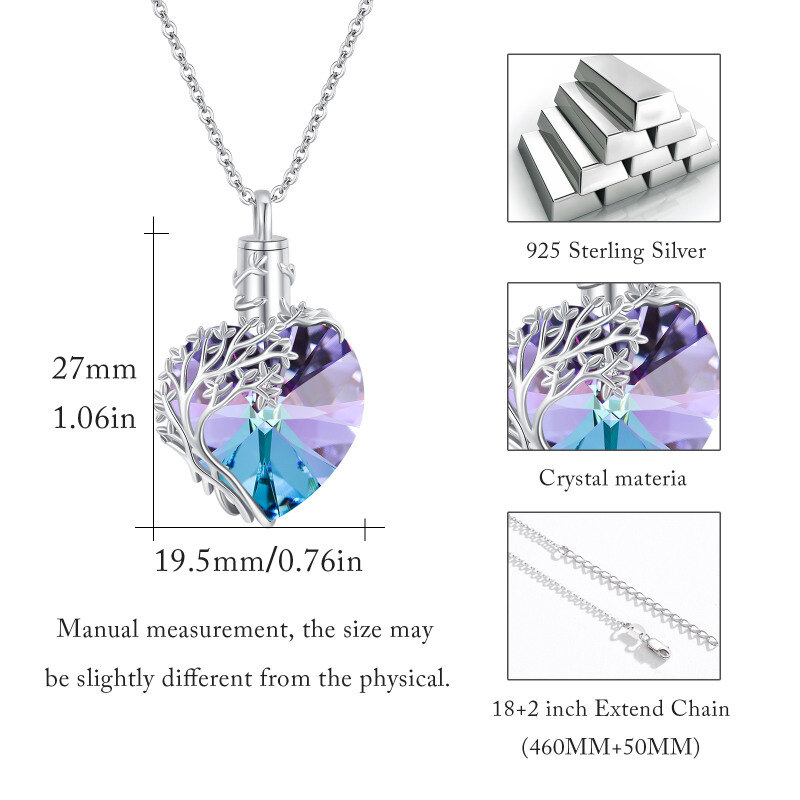 Collar de urna de cremación de plata de ley con forma de corazón de cristal y árbol de la vida para cenizas.-7