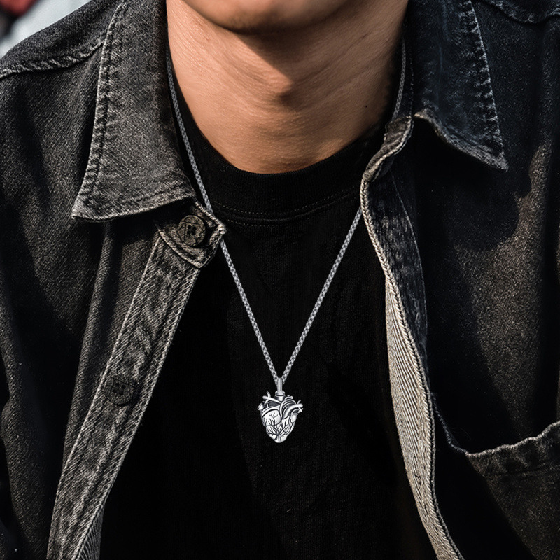 Collier urne en argent sterling Arbre de Vie et Cœur pour cendres, pour hommes-2