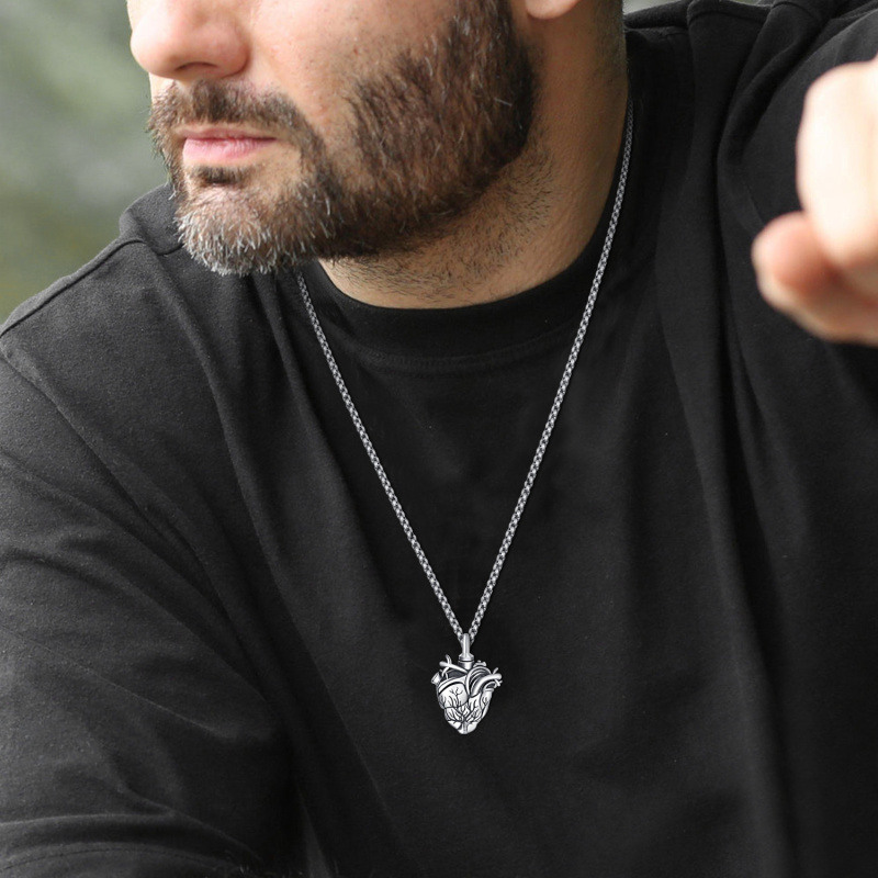 Collier urne en argent sterling Arbre de Vie et Cœur pour cendres, pour hommes-3