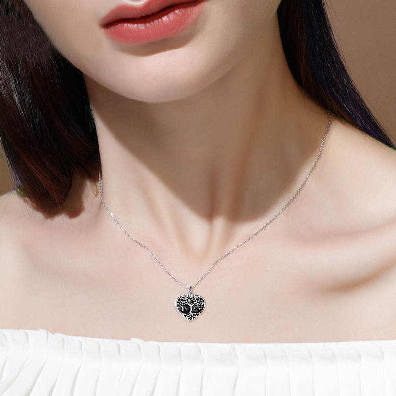 Collar de plata de ley Árbol de la vida y urna de corazón con palabra grabada-2