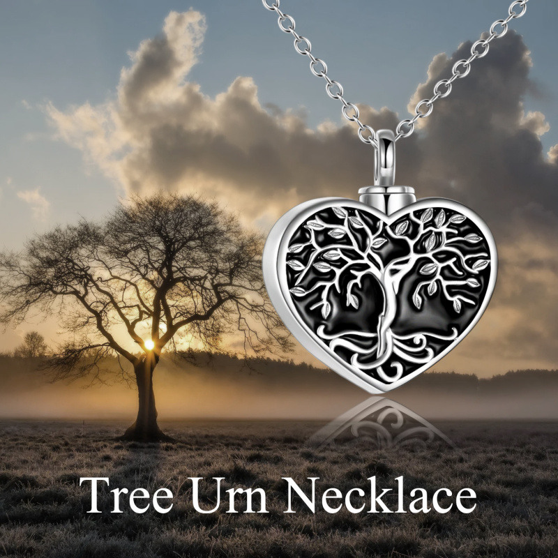 Collar de plata de ley Árbol de la vida y urna de corazón con palabra grabada-3