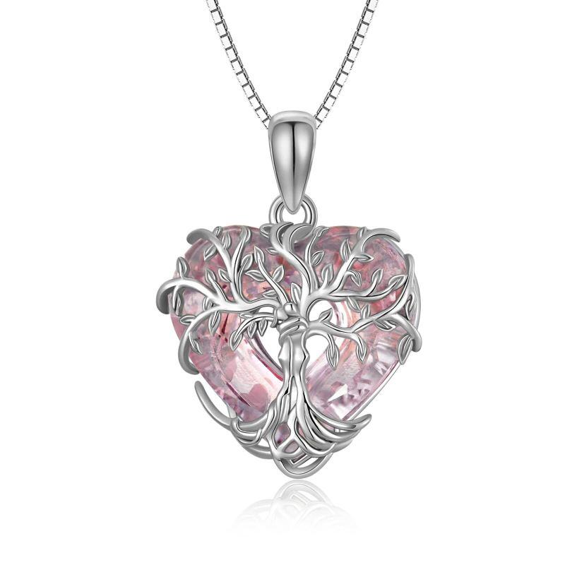 Collar con colgante de corazón de cristal rosa y árbol de la vida en plata de ley para mujer-1