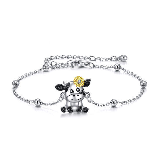 Sterling Silver Tri-tone Circular Shaped Cubic Zirconia Cow & Sunflower Charm Bracelet