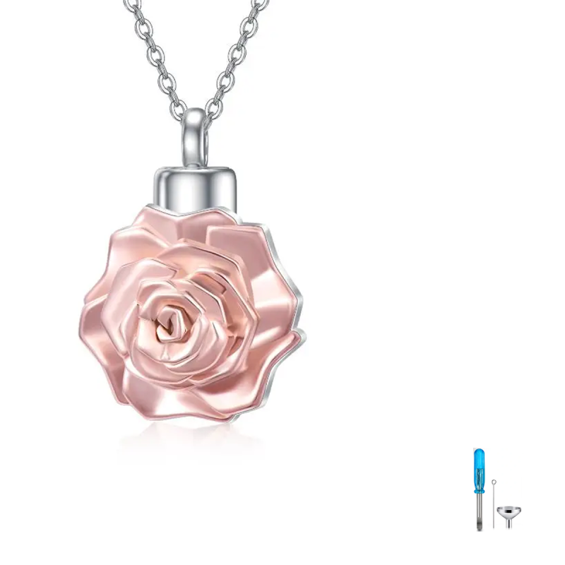 Collier urne funéraire en argent sterling bicolore avec fleur rose 3D-17
