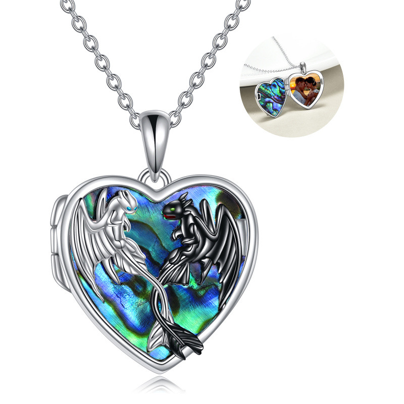 Plata de ley de dos tonos Abalone Shellfish Dragón Personalizado Foto Locket Collar-17