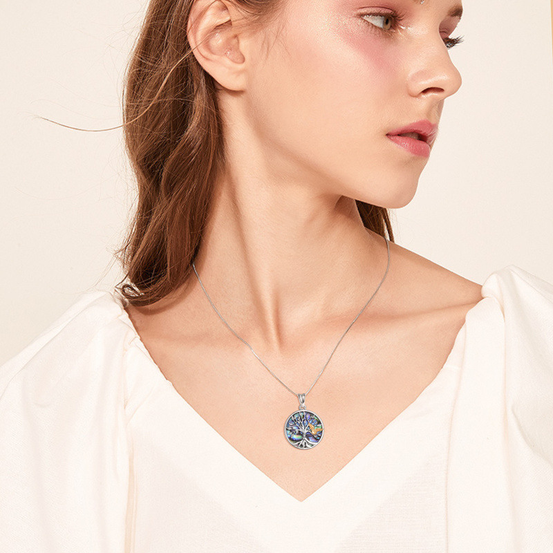 Collar circular de plata de ley con forma de búho, árbol de la vida y concha de abulón en dos tonos para mujeres y hombres-2