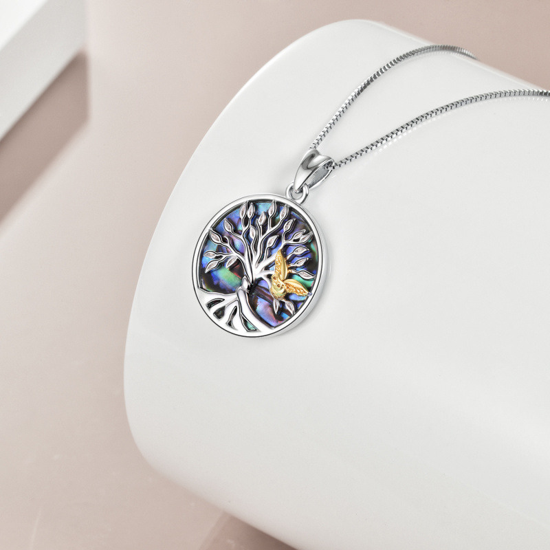 Collar circular de plata de ley con forma de búho, árbol de la vida y concha de abulón en dos tonos para mujeres y hombres-4