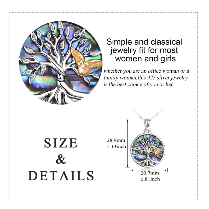 Collar circular de plata de ley con forma de búho, árbol de la vida y concha de abulón en dos tonos para mujeres y hombres-5