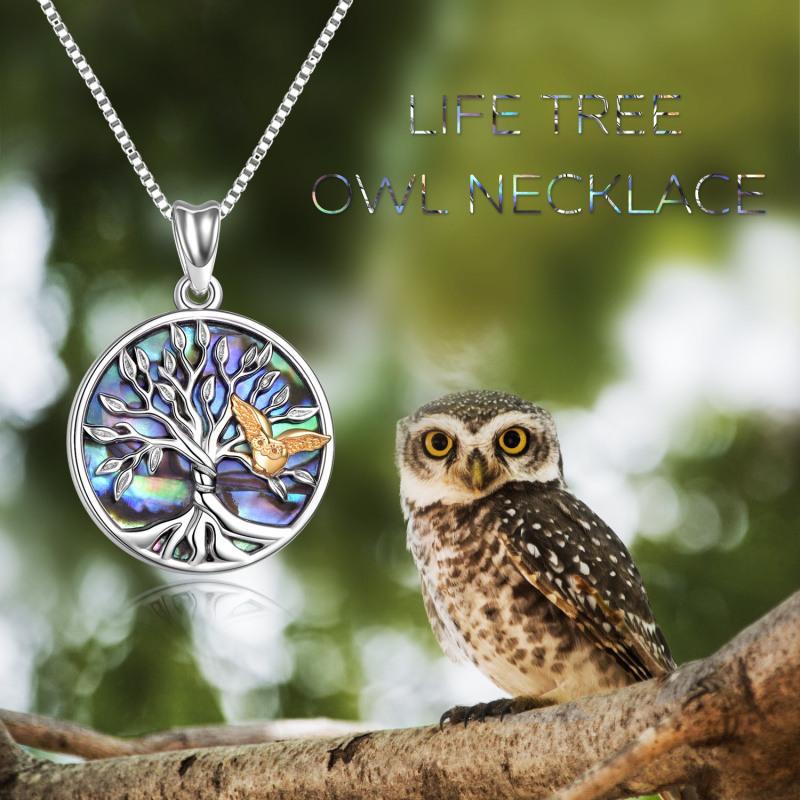 Collar circular de plata de ley con forma de búho, árbol de la vida y concha de abulón en dos tonos para mujeres y hombres-6