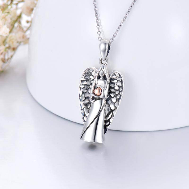 Collar de plata de ley de dos tonos con alas de ángel y urna de corazón-3