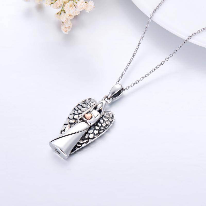 Collar de plata de ley de dos tonos con alas de ángel y urna de corazón-4