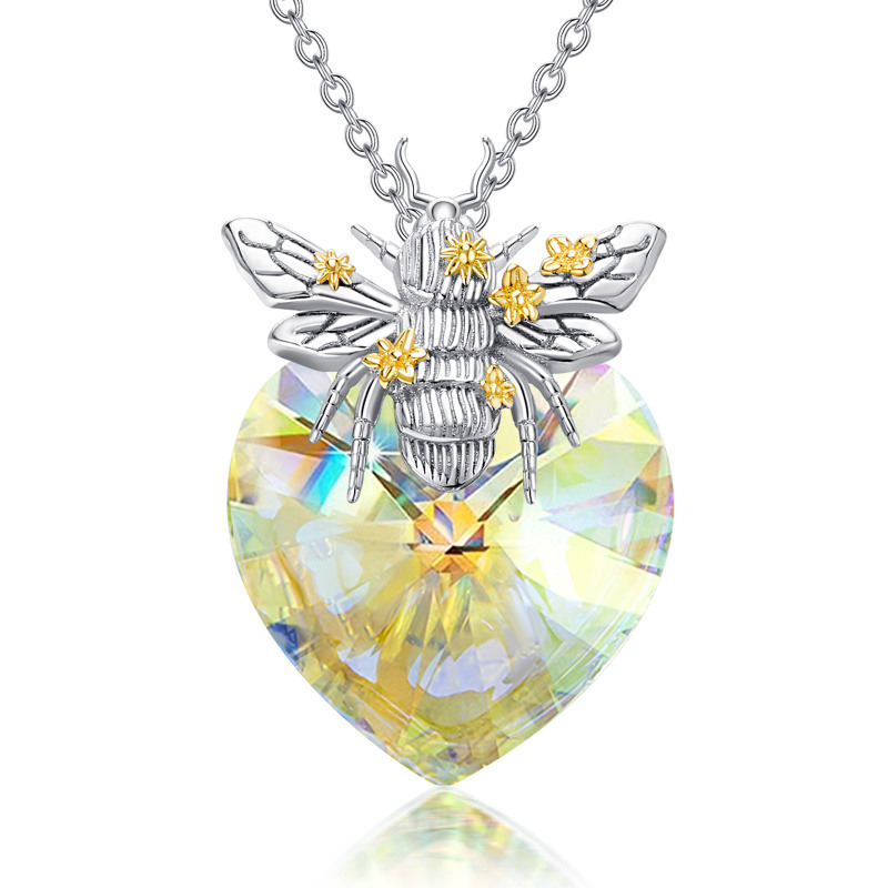 Collar con colgante de cristal de abeja y corazón de dos tonos de plata de ley para mujer-10