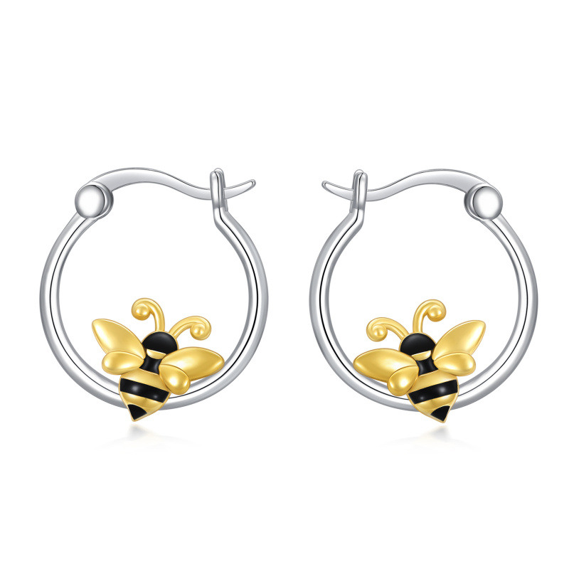Pendientes de aro de abeja de plata de ley en dos tonos-4