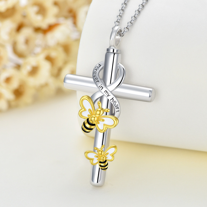 Collar de urna de plata de ley de dos tonos con cruz y símbolo de infinito para cenizas con palabra grabada para mujer, mejor amiga-3