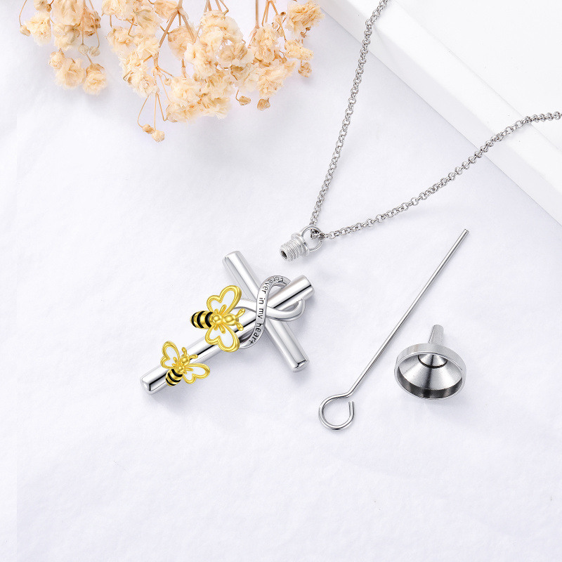 Collar de urna de plata de ley de dos tonos con cruz y símbolo de infinito para cenizas con palabra grabada para mujer, mejor amiga-4